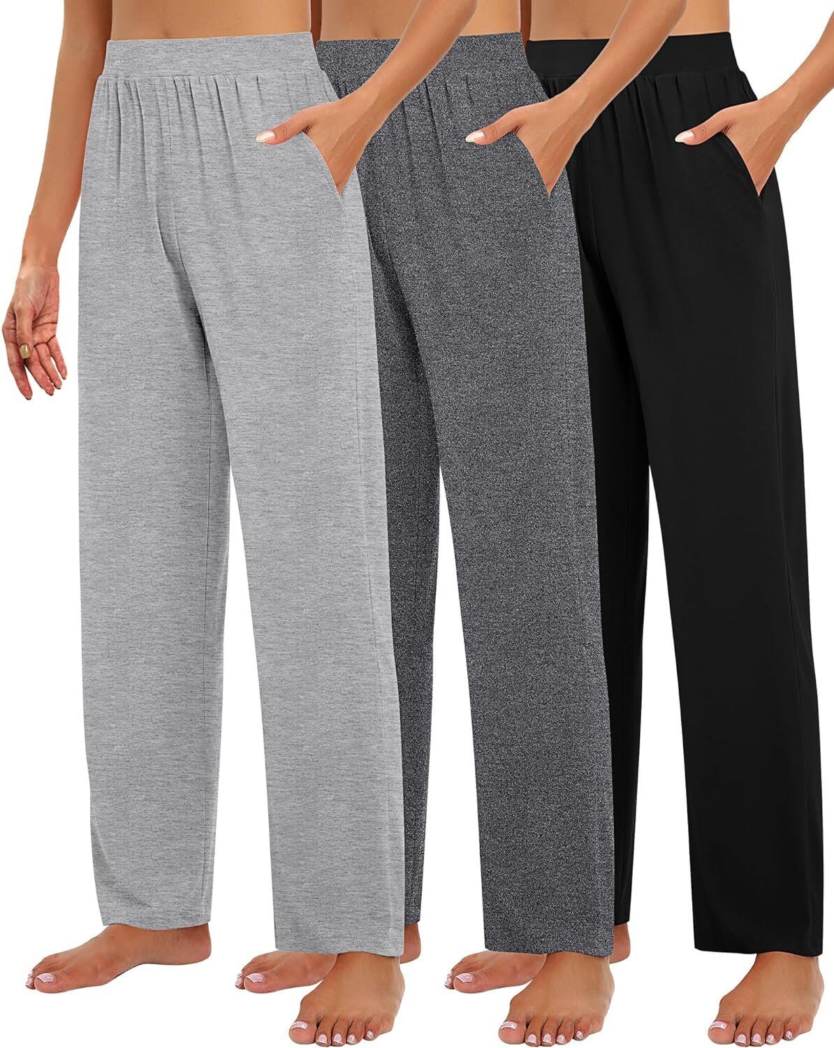 Huukeay 3 Pack Women's Lounge Pants, Cozy Wide Leg Lounge Pants with Pockets Loose Flowy Yoga